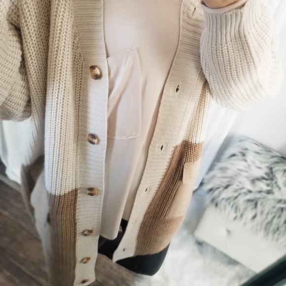 Knit Fall Neutral Cardigan Taupe Color Block Long Pocket Cardigan - Picture 2 of 11